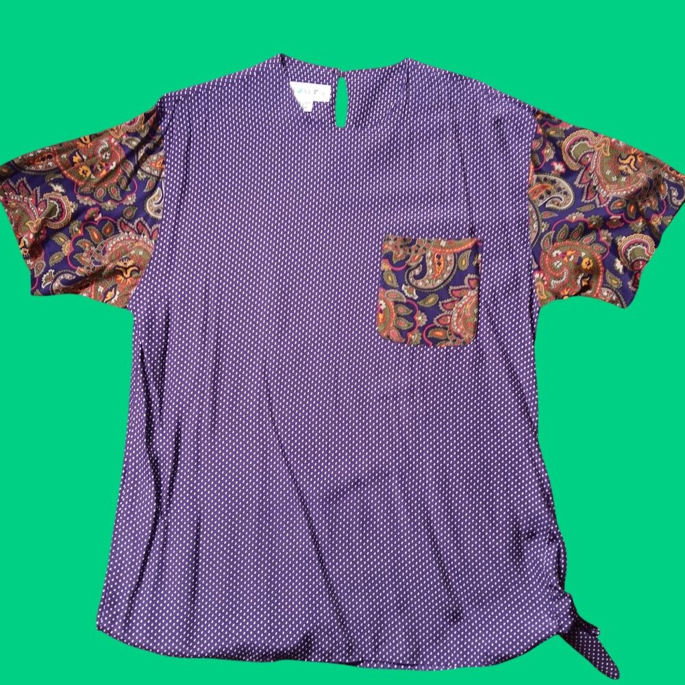 Vintage 1990s Womens Blouse Top Shirt Large 16 Purple Polka Dot Chaus Rayon